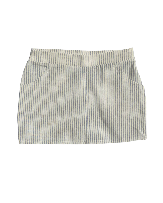 Çizgili Mavi Mini Etek Keten